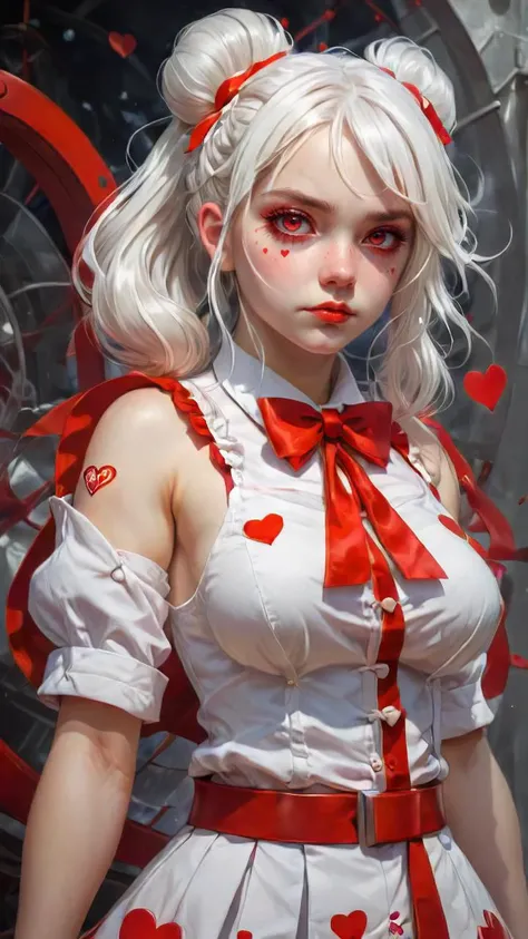 anime girl with white hair gathered in two pigtails, wearing white hearts and a red bowtie, windswept, rule of thirds, seductive look, anime, photorealistic, highly detailed, sharp focus, art by artgerm, wlop, rossdraws, frank frazetta, andrei riabovitchev, trending on artstation, hd, 4 k, fantasy