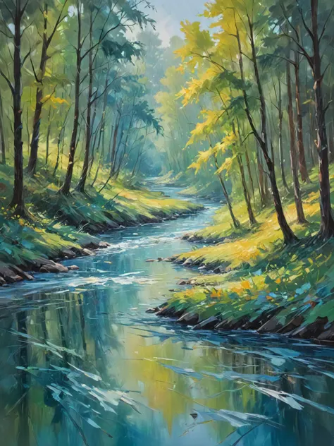 Impressionistic landscape painting. It depicts a river, trees, and mountains. Short broken brushstrokes to create a sense of movement in the water and the trees. The colors are also relatively bright and saturated. Landscape painting in the impressionist style. Brushstrokes are loose and sketchy, creating a sense of movement and energy. Composition of the painting is balanced, with the river flowing diagonally through the center of the canvas. Limited palette of colors, mostly blues, greens, and yellows. Focus on light and shadow. ((surreal abstract art)), impressionistic oil painting, mystical and whimsical, dreamlike and magical, bold brushstrokes, pastel color palette, vivid colors, perfect rule of thirds composition, very sharp