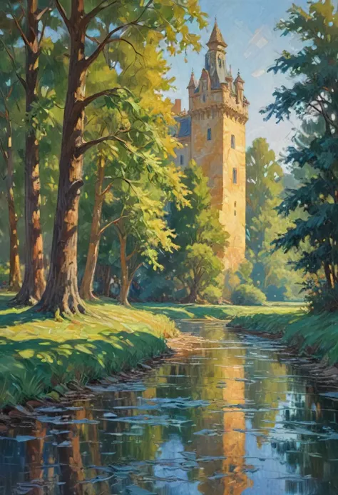 The Impressionism painting depicts a landscape with a large tree, a river, and a castle in the background. The artist has used a variety of brushstrokes and colors to create the impression of the scene. The blue and green colors of the river and the trees are contrasted with the warm yellows and oranges of the castle and the sky. The loose brushstrokes give the painting a sense of movement and energy. Loose brushstrokes: Impressionist painters did not try to create a perfect representation of their subjects. Instead, they used loose brushstrokes to capture the overall impression of the scene. Vibrant colors: Impressionist painters were drawn to using bright, saturated colors. This helped to create a sense of light and atmosphere in their paintings. Focus on light and shadow: Impressionist painters were interested in capturing the way that light and shadow played on their subjects. They often used a variety of colors and brushstrokes to create the illusion of light and shadow. ((surreal abstract art)), impressionistic oil painting, mystical and whimsical, dreamlike and magical, bold brushstrokes, pastel color palette, vivid colors, perfect rule of thirds composition, very sharp