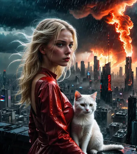 18yo beautiful blond girl at the top of a high cyberpunk tower with her white cat look at the view, city skyline in the background, her hair in the wind, her red dress in the wind, gobal illumination, dark clouds, rain, fire storm, blade runner 2049, spectacular effects, halo,