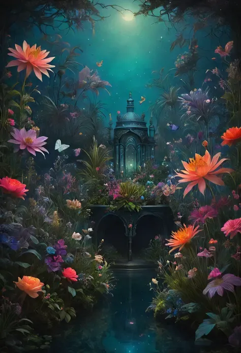 midnight whimsical landscape with magical creatures and flowers and plants,  magic mist, ocean, artwork by Jim Burns and Tom Bagshaw, award winning, Trending on artstation, deep vibrant colors, symmetrical, cinematic