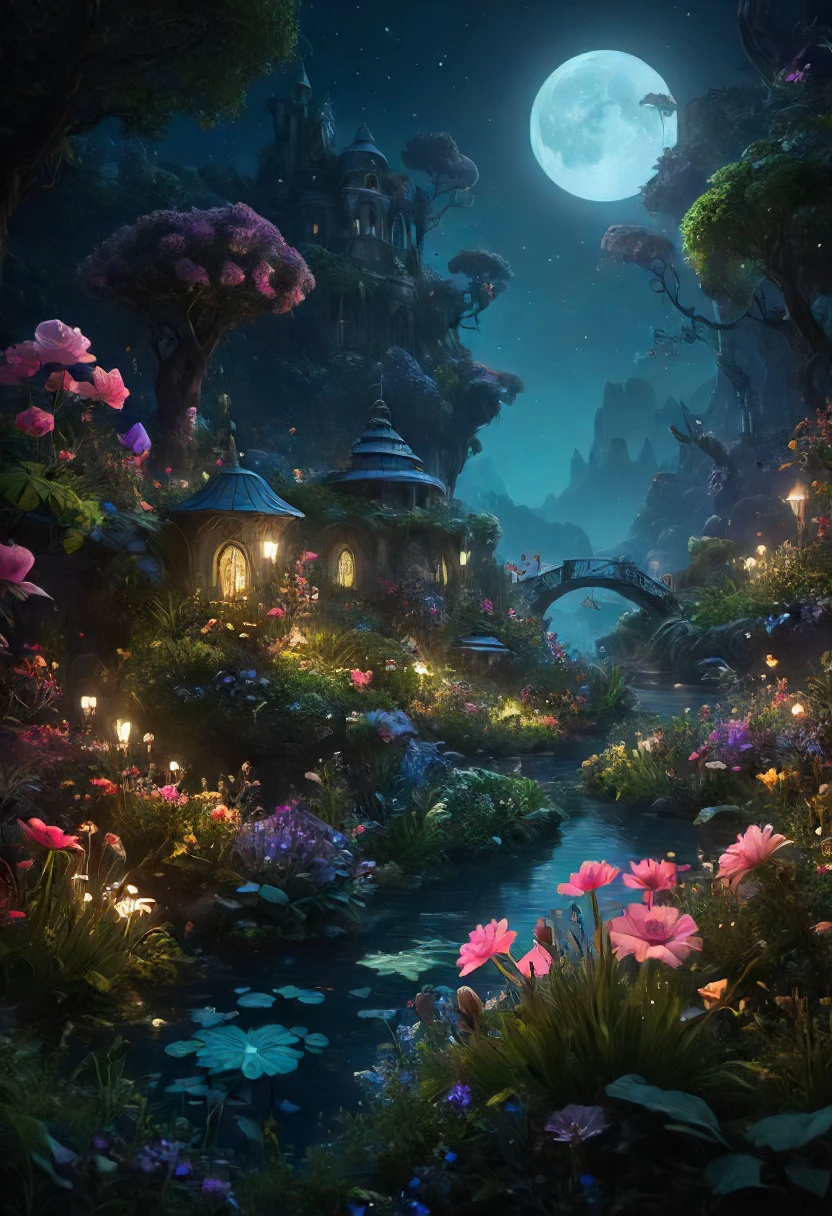 midnight whimsical landscape with magical creatures and flowers and plants, fantasy, cinematic lighting, post processed, concept art, artstation, matte painting, style by eddie mendoza, raphael lacoste, alex ross