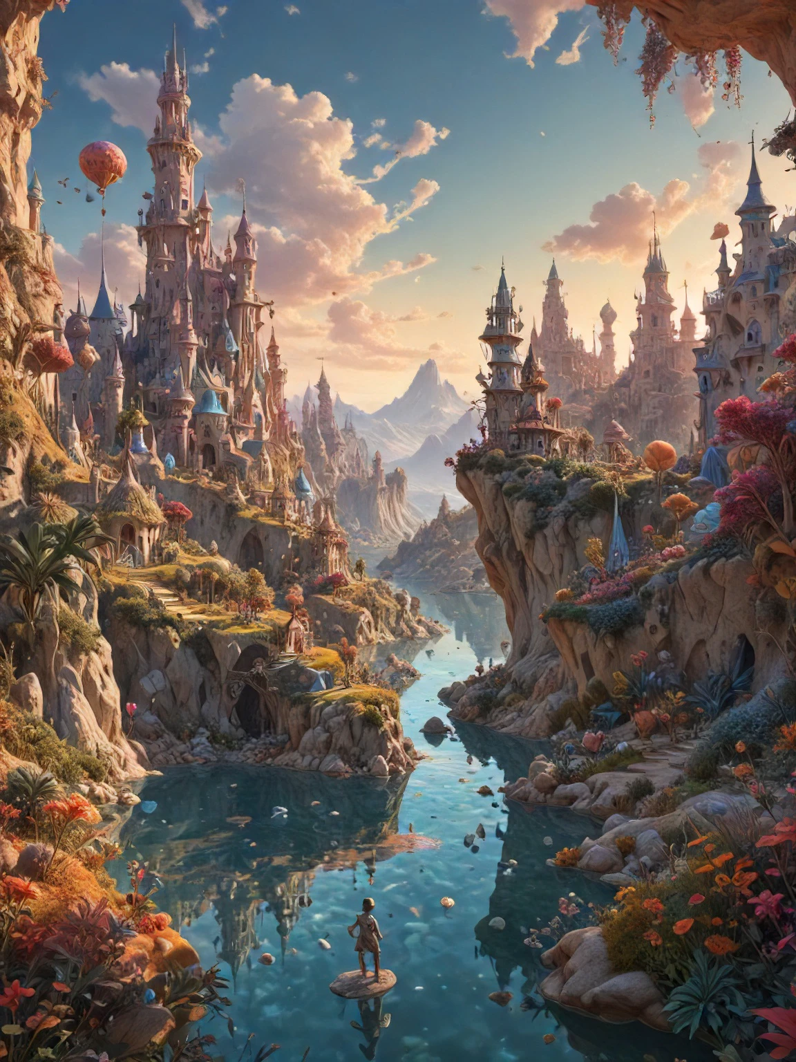 Surrealism Painting, a human figure on a whimsical mystical landscape, art by Breton and Carrington and Dal and Ernst and Fini and Magritte and Oppenheim and Picasso, intricate details, 8k, featured art, concept art, hyperrealistic, cinematic, realism, octane render, V-Ray, HDR, beautiful lighting, vibrant colors, Artstation HQ