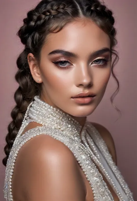 high fashion photography of (extreme closeup:1.5) beautiful photo-model as a ((fashion model)) with ((french braids)) studio, no visible clothing soft lighting looking forward centered subject elegant pose, (front view:1.2), shot on Nikon Z6 II with Nikon Z 24-70mm f-4 S photo by Gregory Colbert