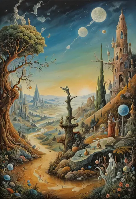 (Surrealism and Abstract Oil Painting:1.25), a human figure on a whimsical mystical landscape, art by Breton and Carrington and Dal and Ernst and Fini and Magritte and Oppenheim and Picasso, intricate details, masterpiece, very artistic, perfect composition