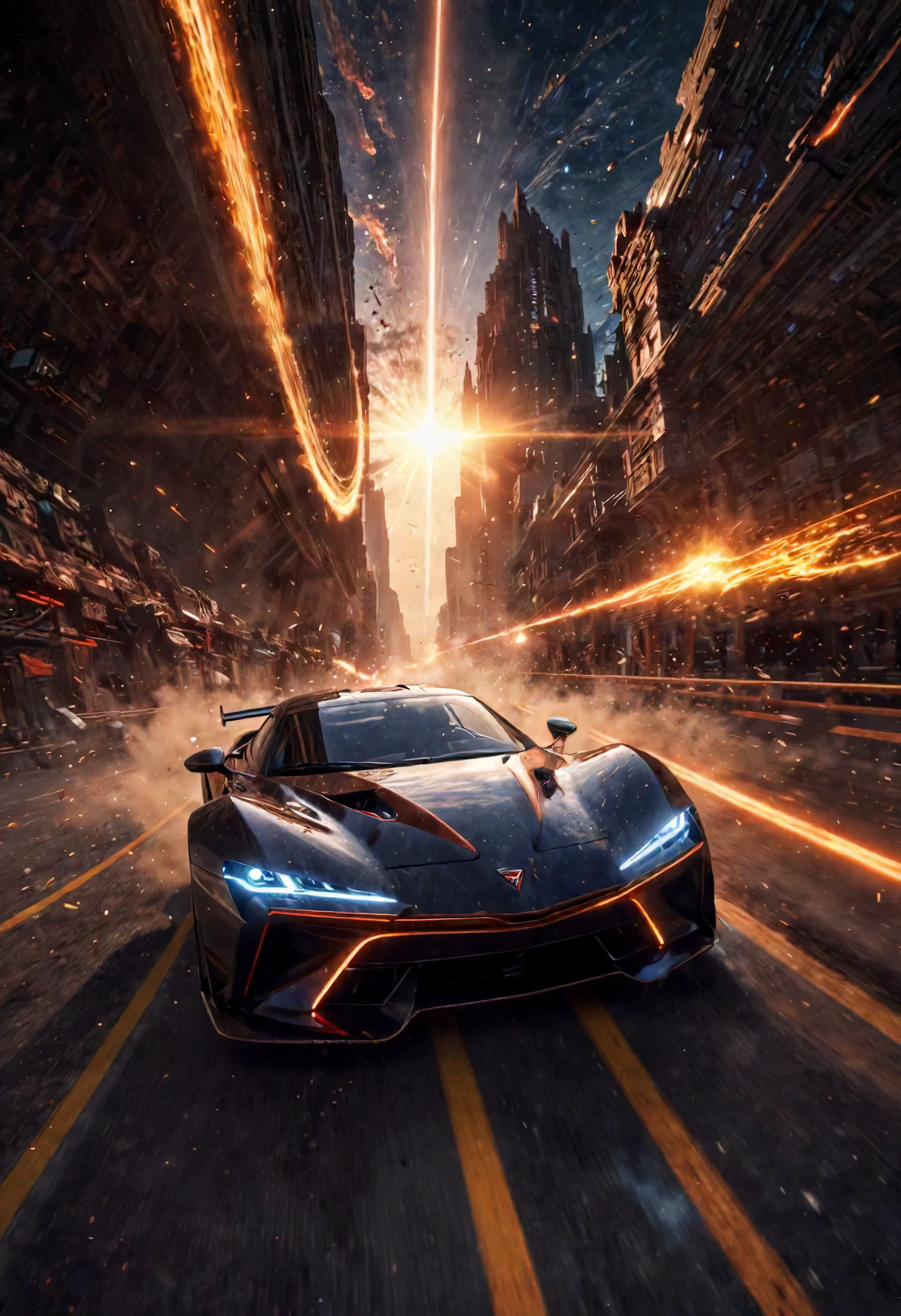 a sci-fi sportscar passing by, light speed, flash, motion trail, a shining star (sun) in the background, motion blur, epic visual effects, interstellar, flow, detailed, sci-fi, star blast, dark vibrant colors, cosmic art, stars in background, cinematic scene, lens flare, god rays, glow, art of Doug Chiang and John Park, glowing neon, glowing, sparks, lightning, dramatic lighting