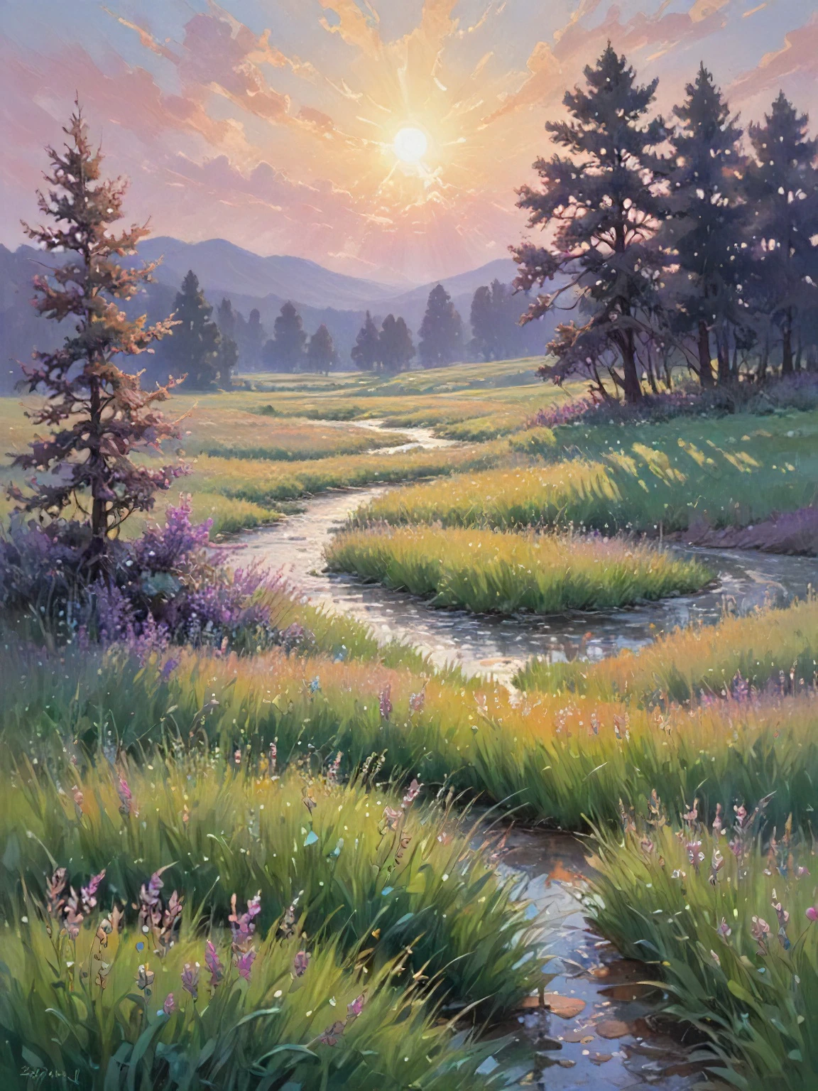 Sun-drenched meadows: Emerald blades dance in the foreground, their tips catching the golden light and shimmering like scattered emeralds. Loose, vibrant strokes suggest the gentle sway of the breeze. Distant hills: Cloaked in a hazy veil of lavender and blues, they recede into the background, their forms hinted at rather than defined. The colors blur and merge, creating an ethereal atmosphere. A meandering river: A ribbon of silver snakes through the landscape, reflecting the dappled sunlight above. Its surface shimmers with broken brushstrokes, suggesting the gentle flow of water. Scattered trees: Their leaves, painted in a riot of greens and yellows, provide pops of color against the soft background. Loose strokes suggest their rustling leaves, while the shadows beneath them are hinted at with cool, contrasting shades. The sky: Oh, the sky! A masterpiece in itself. Swirls of lavender, soft pinks, and wispy clouds painted in broken strokes capture the ever-changing dance of light and atmosphere.