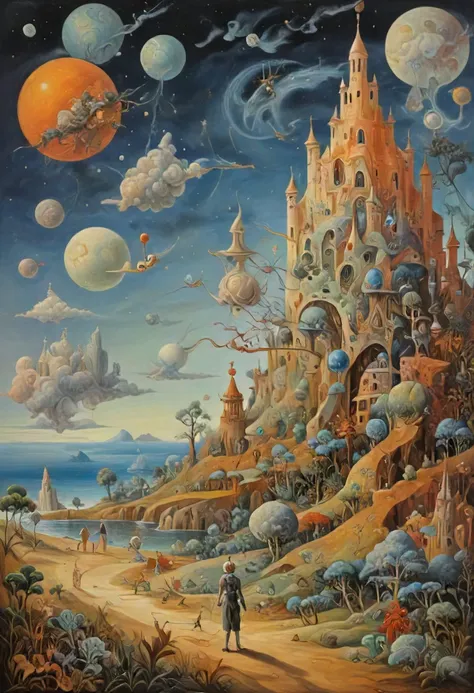 (Surrealism and Abstract Oil Painting:1.25), a human figure on a whimsical mystical landscape, art by Breton and Carrington and Dal and Ernst and Fini and Magritte and Oppenheim and Picasso, intricate details, masterpiece, very artistic, perfect composition