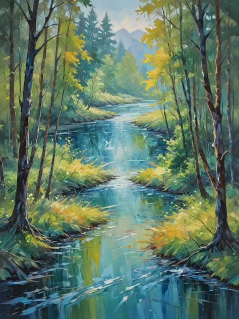 Impressionistic landscape painting. It depicts a river, trees, and mountains. Short broken brushstrokes to create a sense of movement in the water and the trees. The colors are also relatively bright and saturated.  Landscape painting in the impressionist style. Brushstrokes are loose and sketchy, creating a sense of movement and energy. Composition of the painting is balanced, with the river flowing diagonally through the center of the canvas. Limited palette of colors, mostly blues, greens, and yellows. Focus on light and shadow. ((surreal abstract art)), impressionistic oil painting, mystical and whimsical, dreamlike and magical, bold brushstrokes, pastel color palette, vivid colors, perfect rule of thirds composition, very sharp