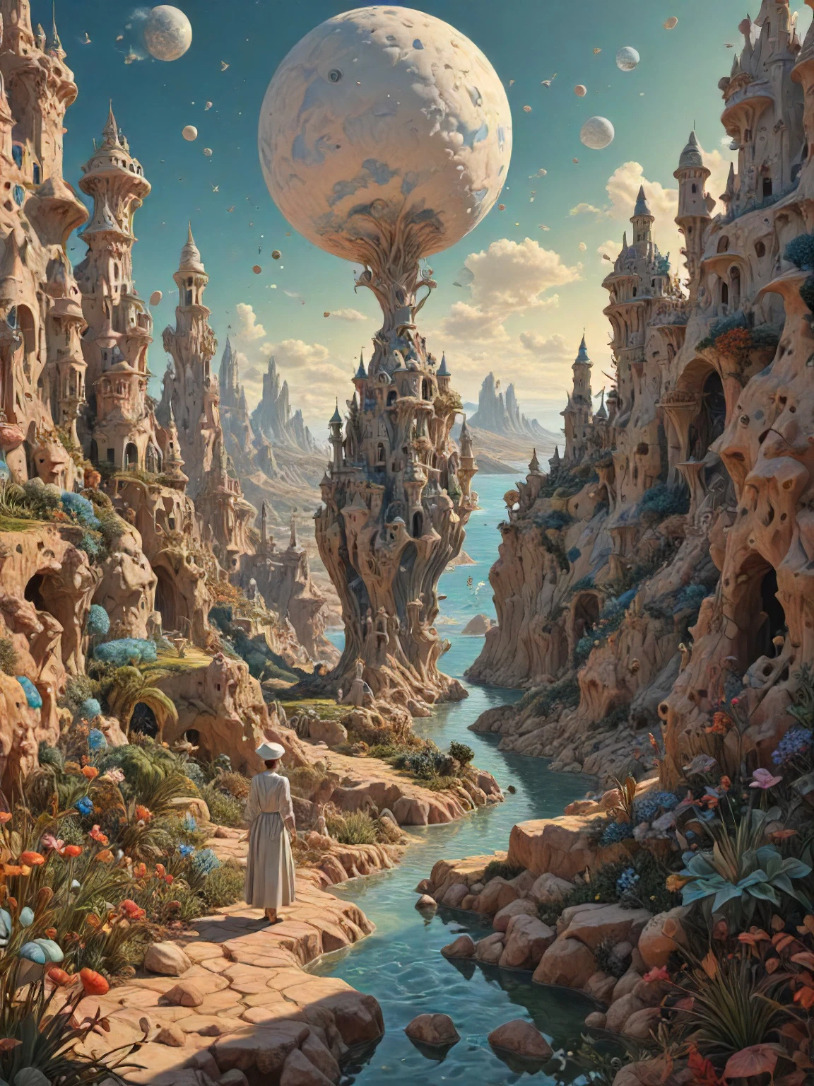 Surrealism Painting, a human figure on a whimsical mystical landscape, art by Breton and Carrington and Dal and Ernst and Fini and Magritte and Oppenheim and Picasso, intricate details, breathtaking, 8k resolution, extremely detailed, beautiful, establishing shot, artistic, hyperrealistic, octane render, cinematic lighting, dramatic lighting, masterpiece, light brazen, extremely detailed and beautiful face