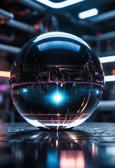 reflective sci-fi orb on top of high-tech reflective surface, closeup, midnight