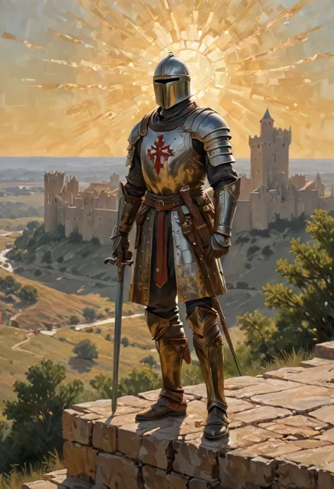 Medium: Oil on canvas, richly textured with impasto brushstrokes, evoking a sense of weathered stone and worn armor. Scene: A lone Templar Knight stands vigil on the battlements of a majestic castle. Sunlight bathes the scene in a golden glow, casting long shadows across the ramparts. Below, a rolling landscape stretches out, dotted with distant villages and winding rivers. The Knight: His polished armor gleams in the sunlight, emblazoned with the iconic Templar cross. Weathered features, etched with the lines of experience, speak of years spent in service. His gaze is fixed on the horizon, a stoic expression masking the vigilance beneath. A worn sword rests at his side, a reminder of his readiness to defend his ideals.