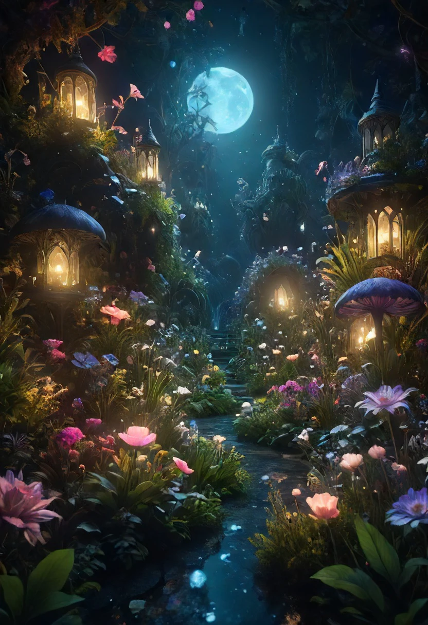 midnight whimsical landscape with magical creatures and flowers and plants, fantasy, cinematic lighting, by Philip Hood, wide angle, volumetric light scattering, 8k, artstation, concept art