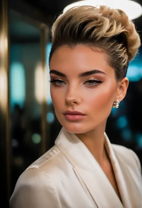 high fashion photography of (extreme closeup:1.5) beautiful photo-model as a ((fashion model)) with ((pompadour hair)) studio, no visible clothing soft lighting slight tilt close-up shot elegant pose, (front view:1.3), shot on Fujifilm X100V with Fujinon 23mm f-2 photo by Chris Burkard