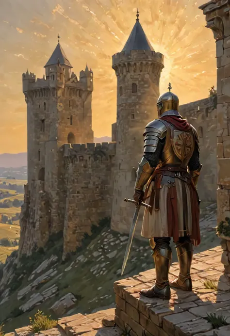 Medium: Oil on canvas, richly textured with impasto brushstrokes, evoking a sense of weathered stone and worn armor. Scene: A lone Templar Knight stands vigil on the battlements of a majestic castle. Sunlight bathes the scene in a golden glow, casting long shadows across the ramparts. Below, a rolling landscape stretches out, dotted with distant villages and winding rivers. The Knight: His polished armor gleams in the sunlight, emblazoned with the iconic Templar cross. Weathered features, etched with the lines of experience, speak of years spent in service. His gaze is fixed on the horizon, a stoic expression masking the vigilance beneath. A worn sword rests at his side, a reminder of his readiness to defend his ideals.