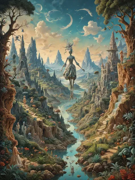 Surrealism Painting, a human figure on a whimsical mystical landscape, art by Breton and Carrington and Dal and Ernst and Fini and Magritte and Oppenheim and Picasso, intricate details,  8k, featured art, concept art, hyperrealistic, cinematic, fantasy, 8k