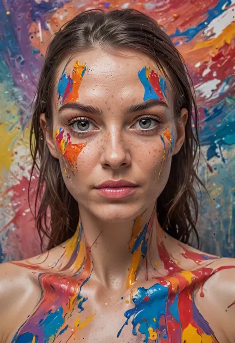 oil painted female upper body on random background, ((surreal and abstract art)), expressionist oil painting, bold brushstrokes, bodypaint and wet paint splashes on skin, pastel palette, vivid colors, perfect rule of thirds composition, very sharp