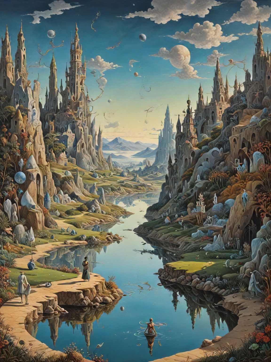 A painting of a man standing on a cliff overlooking a river - SeaArt AI