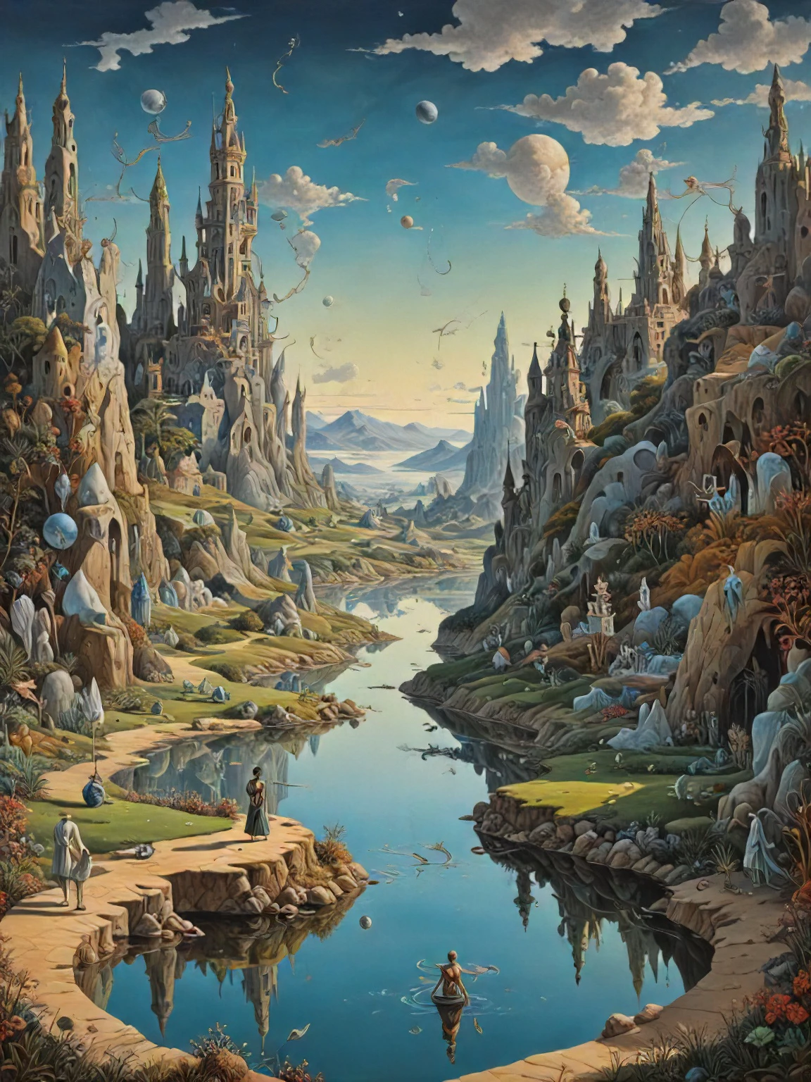 Surrealism Painting, a human figure on a whimsical mystical landscape, art by Breton and Carrington and Dal and Ernst and Fini and Magritte and Oppenheim and Picasso, intricate details, panorama, 8k, featured art, featured concept art, shadows, reflections, oilpainting