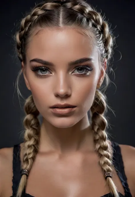 high fashion photography of extreme closeup beautiful photo-model as a ((fashion model)) with ((french braids)) studio, no visible clothing solid dark looking forward eye-level angle elegant pose, (front view:1.3), shot on Panasonic Lumix GH5 with Leica DG 25mm f-1.4 photo by Jamie Baldridge