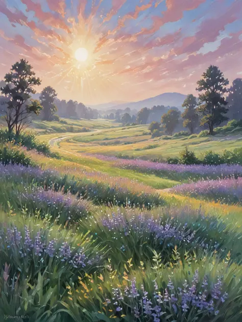 Sun-drenched meadows: Emerald blades dance in the foreground, their tips catching the golden light and shimmering like scattered emeralds. Loose, vibrant strokes suggest the gentle sway of the breeze. Distant hills: Cloaked in a hazy veil of lavender and blues, they recede into the background, their forms hinted at rather than defined. The colors blur and merge, creating an ethereal atmosphere. A meandering river: A ribbon of silver snakes through the landscape, reflecting the dappled sunlight above. Its surface shimmers with broken brushstrokes, suggesting the gentle flow of water. Scattered trees: Their leaves, painted in a riot of greens and yellows, provide pops of color against the soft background. Loose strokes suggest their rustling leaves, while the shadows beneath them are hinted at with cool, contrasting shades. The sky: Oh, the sky! A masterpiece in itself. Swirls of lavender, soft pinks, and wispy clouds painted in broken strokes capture the ever-changing dance of light and atmosphere.