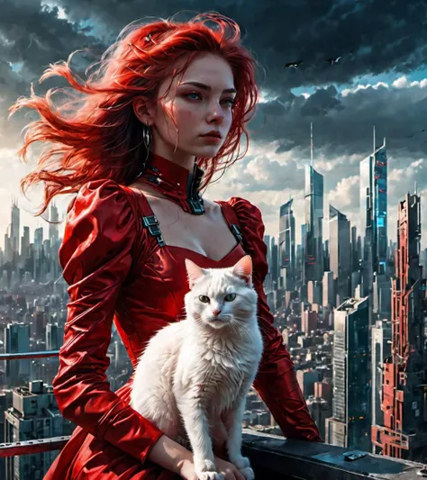 18yo girl at the top of a high cyberpunk tower with her white cat look at the view, city skyline in the background, her hair in the wind, her red dress in the wind,