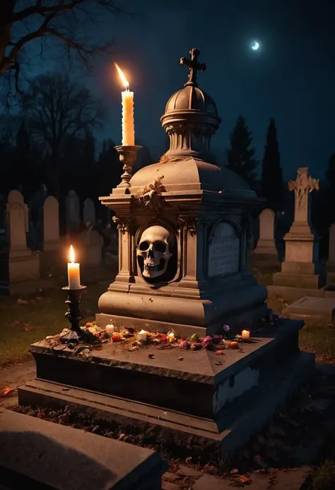 grim horror, candle is burning on top of the renaissance grave, cemetery, midnight