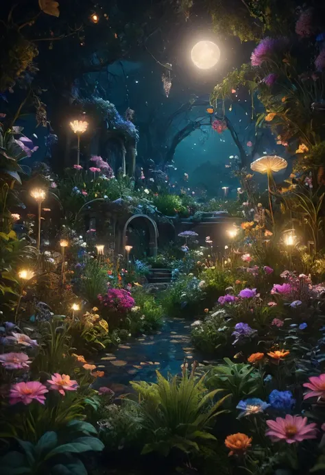 midnight whimsical landscape with magical creatures and flowers and plants,  beautiful volumetric lighting, 8k, photorealistic, hyper detailed, unreal engine 5, IMAX quality, cinematic, epic lighting, in the style of Greg Rutkowski