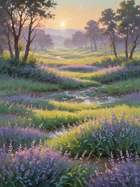 Sun-drenched meadows: Emerald blades dance in the foreground, their tips catching the golden light and shimmering like scattered emeralds. Loose, vibrant strokes suggest the gentle sway of the breeze. Distant hills: Cloaked in a hazy veil of lavender and blues, they recede into the background, their forms hinted at rather than defined. The colors blur and merge, creating an ethereal atmosphere. A meandering river: A ribbon of silver snakes through the landscape, reflecting the dappled sunlight above. Its surface shimmers with broken brushstrokes, suggesting the gentle flow of water. Scattered trees: Their leaves, painted in a riot of greens and yellows, provide pops of color against the soft background. Loose strokes suggest their rustling leaves, while the shadows beneath them are hinted at with cool, contrasting shades. The sky: Oh, the sky! A masterpiece in itself. Swirls of lavender, soft pinks, and wispy clouds painted in broken strokes capture the ever-changing dance of light and atmosphere.