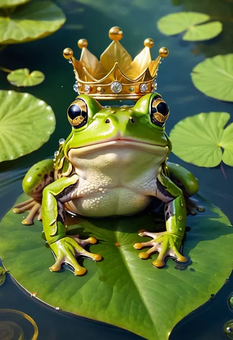 happy frog with golden crown, sitting on leaf that is floating on top of the pond water, closeup