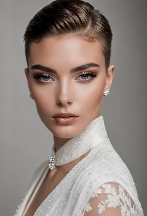 high fashion photography of (extreme closeup:1.5) beautiful photo-model as a ((fashion model)) with ((low fade haircut)) studio, no visible clothing indoors looking forward eye-level angle elegant pose, (front view:1.5), shot on Canon EOS R with Canon RF 28-70mm f-2L photo by Mathew Brady