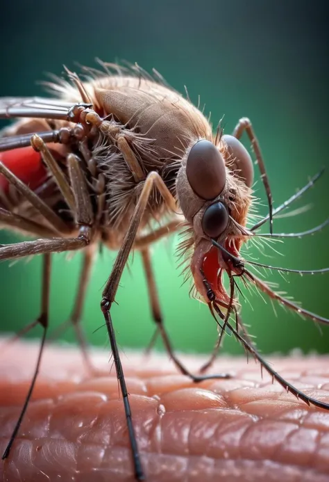 macro-photo, mosquito is biting through the human skin, extreme closeup, depth of field
