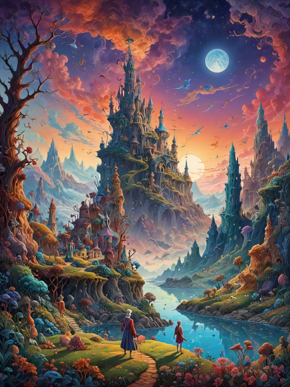 Surrealism Painting, a human figure on a whimsical mystical landscape, art by Breton and Carrington and Dal and Ernst and Fini and Magritte and Oppenheim and Picasso, intricate details, A rich vibrant color palette, powerful imagery, fantasy, trending on artstation, volumetric lighting, 4k wallpaper
