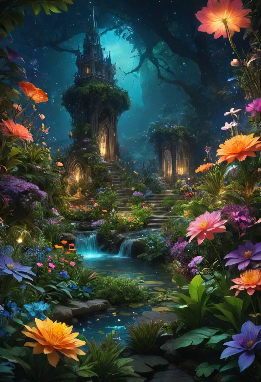 midnight whimsical landscape with magical creatures and flowers and plants, magic the gathering, fantasy, D&D, matte painting, concept art, dynamic lighting, cinematic, epic composition, realistic, 8k resolution, highly detailed, art by Range Murata, highly detailed, 3d, octane render, bright colors, digital painting, trending on artstation, sharp focus, illustration style of Stanley Artgerm, dramatic background