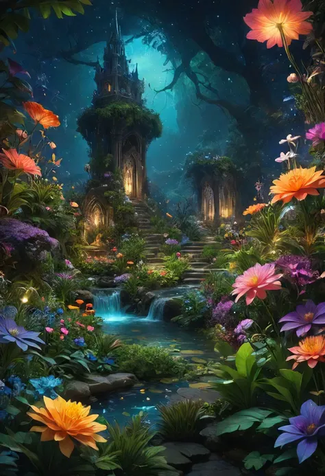 midnight whimsical landscape with magical creatures and flowers and plants,  magic the gathering, fantasy, D&D, matte painting, concept art, dynamic lighting, cinematic, epic composition, realistic, 8k resolution, highly detailed, art by Range Murata, highly detailed, 3d, octane render, bright colors, digital painting, trending on artstation, sharp focus, illustration style of Stanley Artgerm, dramatic background