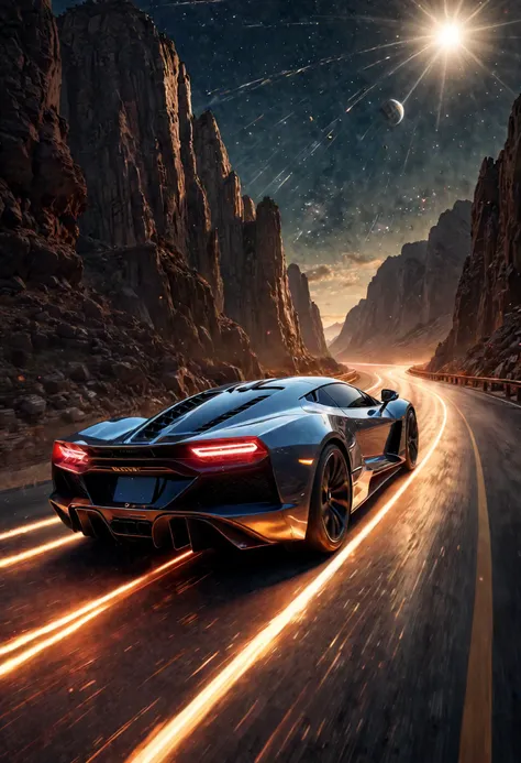 a sci-fi sportscar passing by, light speed, flash, motion trail, a shining star (sun) in the background, motion blur, epic visual effects, interstellar, flow, detailed, sci-fi, star blast, dark vibrant colors, cosmic art, stars in background, cinematic scene, lens flare, god rays, glow, art of Doug Chiang and John Park, glowing neon, glowing, sparks, lightning, dramatic lighting