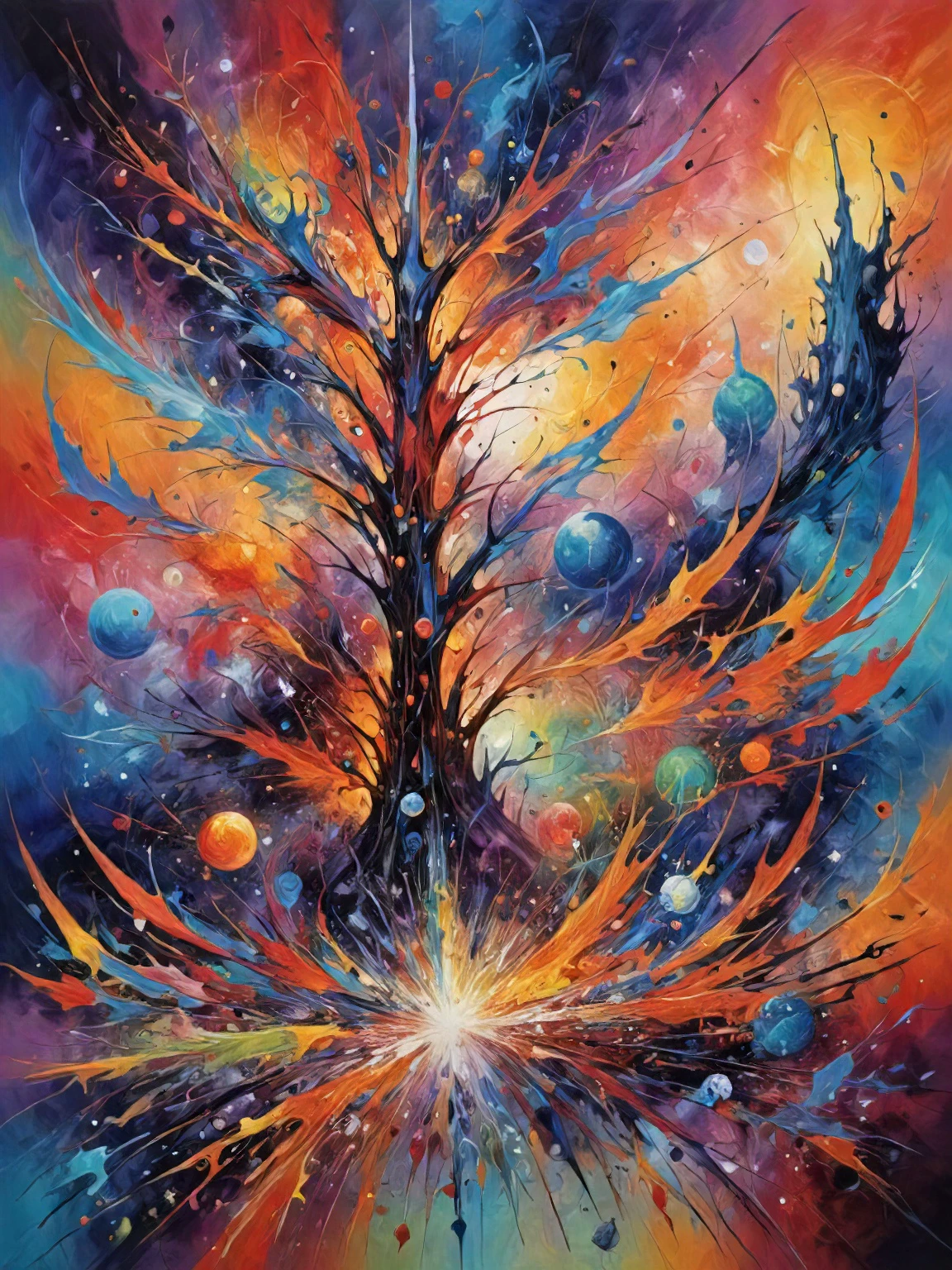 cosmic afterlife, ((surreal abstract art)), expressionist oil painting, mystical and whimsical and magical world, bold brushstrokes, bright palette, vivid colors, perfect rule of thirds composition, very sharp
