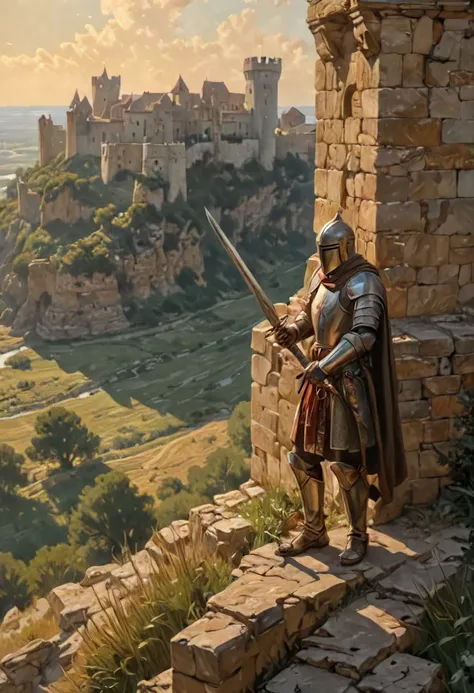 Medium: Oil on canvas, richly textured with impasto brushstrokes, evoking a sense of weathered stone and worn armor. Scene: A lone Templar Knight stands vigil on the battlements of a majestic castle. Sunlight bathes the scene in a golden glow, casting long shadows across the ramparts. Below, a rolling landscape stretches out, dotted with distant villages and winding rivers. The Knight: His polished armor gleams in the sunlight, emblazoned with the iconic Templar cross. Weathered features, etched with the lines of experience, speak of years spent in service. His gaze is fixed on the horizon, a stoic expression masking the vigilance beneath. A worn sword rests at his side, a reminder of his readiness to defend his ideals.