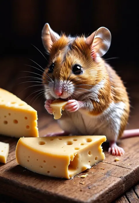 mouse eating cheese, on top of wooden table, closeup, evening