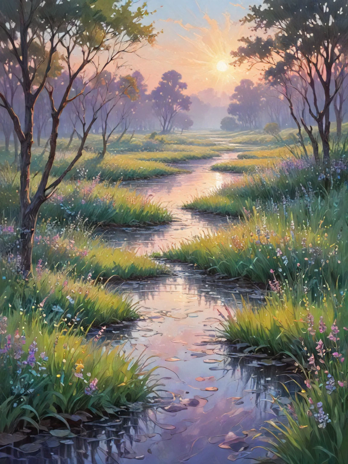 Sun-drenched meadows: Emerald blades dance in the foreground, their tips catching the golden light and shimmering like scattered emeralds. Loose, vibrant strokes suggest the gentle sway of the breeze. Distant hills: Cloaked in a hazy veil of lavender and blues, they recede into the background, their forms hinted at rather than defined. The colors blur and merge, creating an ethereal atmosphere. A meandering river: A ribbon of silver snakes through the landscape, reflecting the dappled sunlight above. Its surface shimmers with broken brushstrokes, suggesting the gentle flow of water. Scattered trees: Their leaves, painted in a riot of greens and yellows, provide pops of color against the soft background. Loose strokes suggest their rustling leaves, while the shadows beneath them are hinted at with cool, contrasting shades. The sky: Oh, the sky! A masterpiece in itself. Swirls of lavender, soft pinks, and wispy clouds painted in broken strokes capture the ever-changing dance of light and atmosphere.