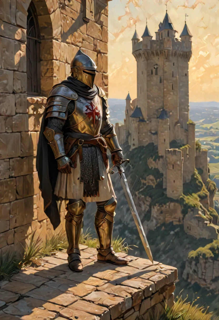 Medium: Oil on canvas, richly textured with impasto brushstrokes, evoking a sense of weathered stone and worn armor. Scene: A lone Templar Knight stands vigil on the battlements of a majestic castle. Sunlight bathes the scene in a golden glow, casting long shadows across the ramparts. Below, a rolling landscape stretches out, dotted with distant villages and winding rivers. The Knight: His polished armor gleams in the sunlight, emblazoned with the iconic Templar cross. Weathered features, etched with the lines of experience, speak of years spent in service. His gaze is fixed on the horizon, a stoic expression masking the vigilance beneath. A worn sword rests at his side, a reminder of his readiness to defend his ideals.