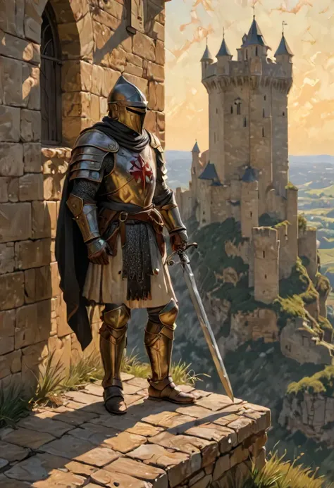 Medium: Oil on canvas, richly textured with impasto brushstrokes, evoking a sense of weathered stone and worn armor. Scene: A lone Templar Knight stands vigil on the battlements of a majestic castle. Sunlight bathes the scene in a golden glow, casting long shadows across the ramparts. Below, a rolling landscape stretches out, dotted with distant villages and winding rivers. The Knight: His polished armor gleams in the sunlight, emblazoned with the iconic Templar cross. Weathered features, etched with the lines of experience, speak of years spent in service. His gaze is fixed on the horizon, a stoic expression masking the vigilance beneath. A worn sword rests at his side, a reminder of his readiness to defend his ideals.