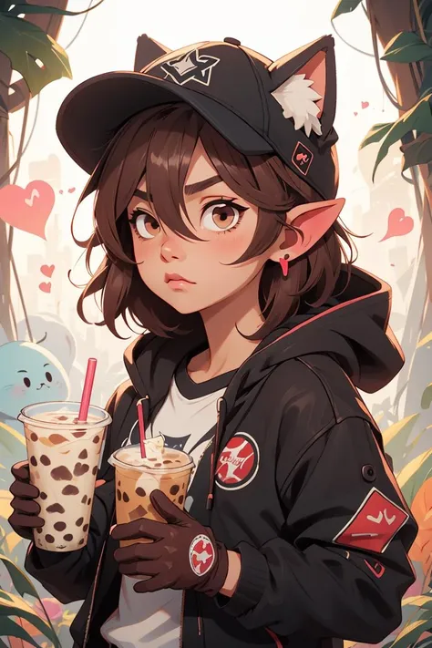 Memphis,1girl, big eyes,solo, jacket, animal ears, gloves, tail, upper body,  hat, holding, brown hair, open jacket, drinking straw, black gloves, open clothes, long hair, pointy ears,  black jacket, bubble tea, brown eyes, looking at viewer, shirt, baseball cap, holding cup, hood, hooded jacket, hair between eyes, blush, white shirt, animal ear fluff, ears through headwear, bangs,  <lora:Niji_Furry:0.8>,heart, cute and adorable cartoon