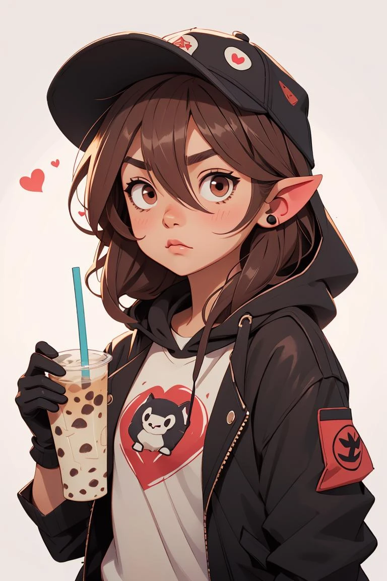 Memphis,1girl, big eyes,solo, jacket, animal ears, gloves, tail, upper body, hat, holding, brown hair, open jacket, drinking straw, black gloves, open clothes, long hair, pointy ears, black jacket, bubble tea, brown eyes, looking at viewer, shirt, baseball cap, holding cup, hood, hooded jacket, hair between eyes, blush, white shirt, animal ear fluff, ears through headwear, bangs, <lora:Niji_Furry:0.8>,heart, cute and adorable cartoon