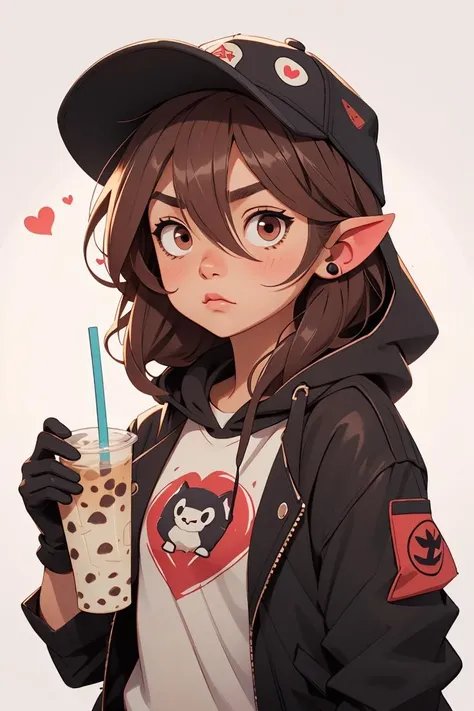 Memphis,1girl, big eyes,solo, jacket, animal ears, gloves, tail, upper body,  hat, holding, brown hair, open jacket, drinking straw, black gloves, open clothes, long hair, pointy ears,  black jacket, bubble tea, brown eyes, looking at viewer, shirt, baseball cap, holding cup, hood, hooded jacket, hair between eyes, blush, white shirt, animal ear fluff, ears through headwear, bangs,  <lora:Niji_Furry:0.8>,heart, cute and adorable cartoon