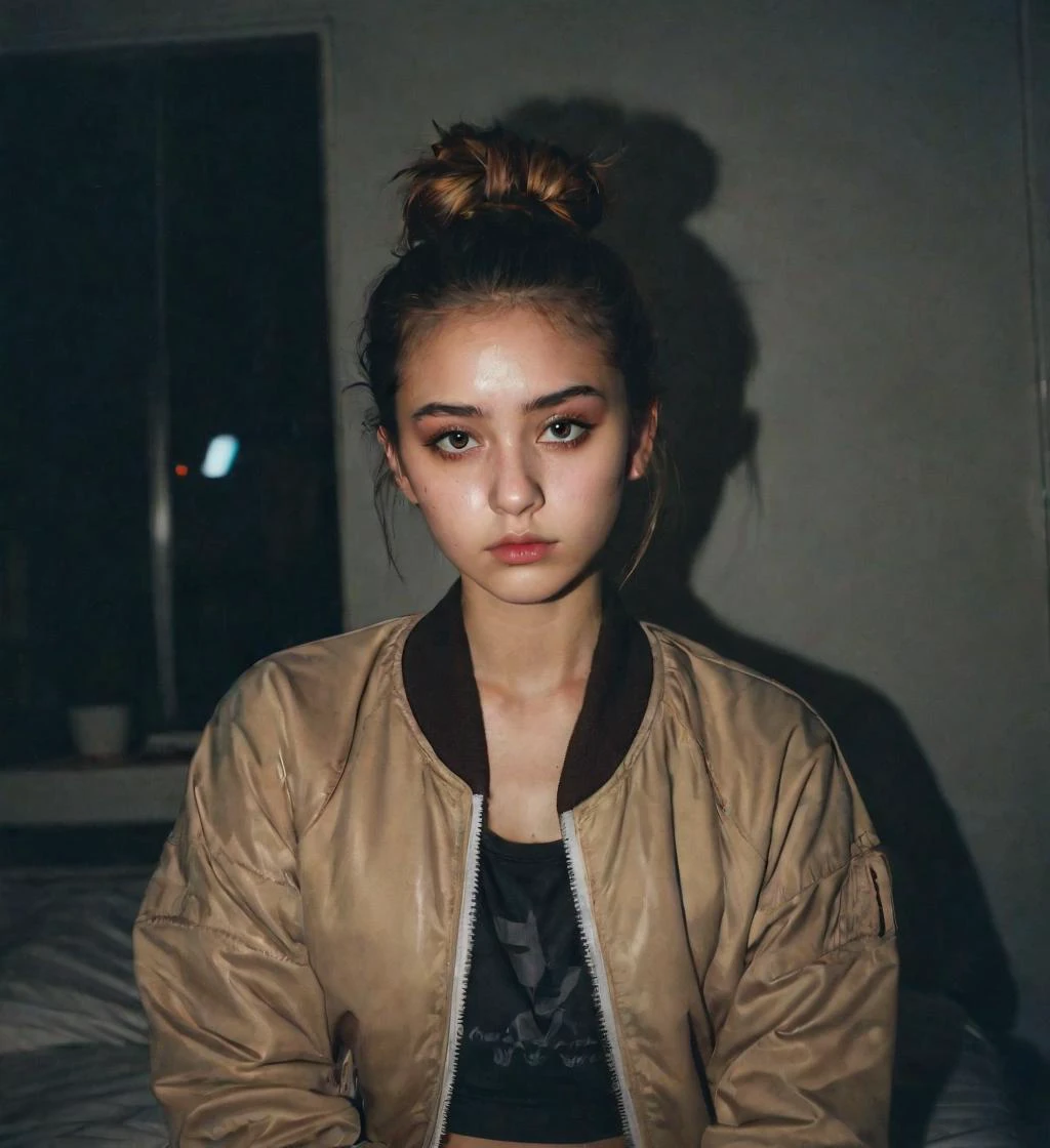 young woman, nerdy, messy bun, plain, <lora:more_details:0>, ethereal, polaroid, bright flash, sad eyes, sleepy, dreamlike, comfy dark room, oily skin, brown bomber jacket, crop top