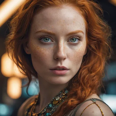 RAW Photograph, closeup of a beautiful ginger woman who lives in a vast galactic empire in a distant future, stunning eyes that pierce your soul, wearing elegant clothing with luminescent detailing, curvy and sexy, colorful, highly detailed skin with visible pores, she holds secret knowledge about the fundamental nature of reality, specular highlights, future technology, cosmic motif, minimalist composition, insane intricate detail, award winning art, raytracing, sharp focus, 8k, hdr, masterpiece, photography, dslr, kodachrome, 35mm photograph, analog film, professional, highly detailed