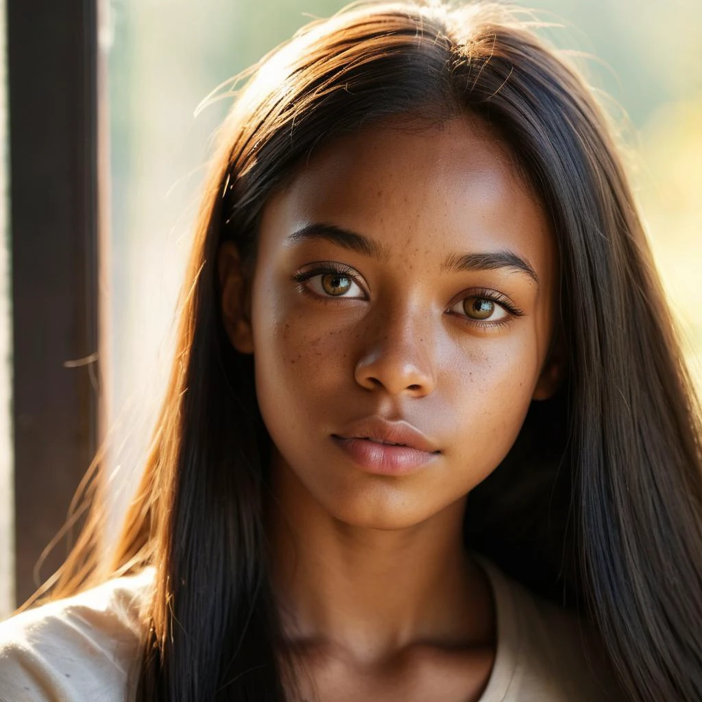 beautiful young black woman (looking through window:1.3), plain face, detailed eyes, closeup, lightskin, long straight hair, sunny, warm lighting, subsurface scattering, light rays, ethereal, no makeup, pouty lips, light freckles, skin details, dirty, <lora:more_details:1>, oily skin, sharp, <lora:dnd_portrait:1>
