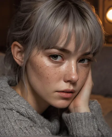 Super Closeup Portrait, pureerosface_v1, self stroking, high quality, petite, sad, Freckles, wearing skintight grey sweater, bleached Messy bangs, next to a cozy pillow, warm lighting, Canon EOS, Sci-fi vibe, dirty, noisy, Vintage monk style, very detailed, hd, half awake, sleepy <lora:more_details:.5>