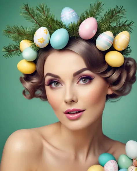 beautiful woman with easter eggs on her head, animation printed poster, thin lustrous hair, make up, Trying a new hairstyle, evergreen branches, Short pin curl hairstyle, Hands cupping face,specular lighting